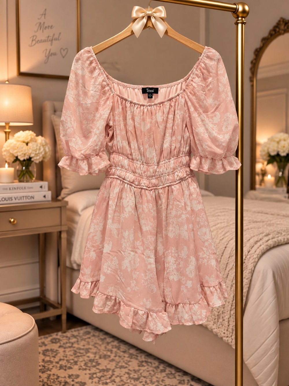 Trixxi Blush Pink Floral Ruffle Puff-Sleeve Mini Dress